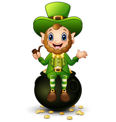 Cartoon Leprechaun Sitting On Pot Of Gold