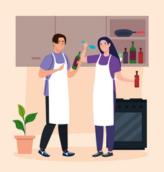 Couple Cooking With Bottles