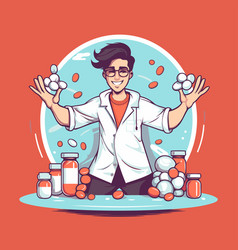 Pharmacist With Pills In Hand Cartoon Style