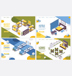 Isometric Set Landing Page Hotel Hostel Lobby