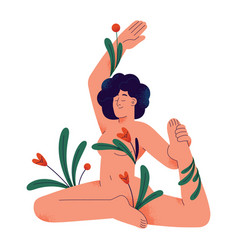 Naked Woman With Flowers Plants Leaves Sitting