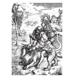 Samson Killing The Lion From The Wood Engraving