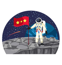 Man Astronaut With Flag On Moon Surface