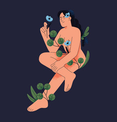 Naked Girl With Pigtail Hold Flower In Hand