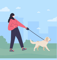 Woman In White Mask Walking A Dog