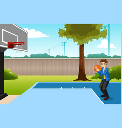 Boy Playing Basketball In Backyard