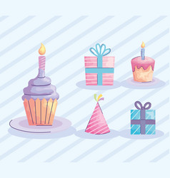 Happy Birthday Cupcake With Set Icons Acuarela