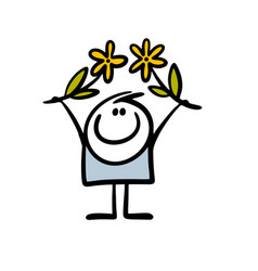 Happy Stick Figure Boy Holding Flowers In Rising