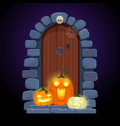 Front Door With Glowing Pumpkins In Night