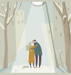 Cartoon Couple In Love Hugging On Snowing Street