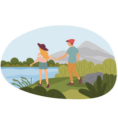 Boy And Girl Walking On Shore Of Lake Or River