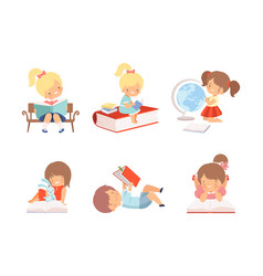 Preschool Children Reading Books Set Cute Kids