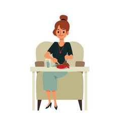 Cartoon Woman Eating Red Fish Meal Sitting