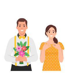 Romantic Man Holding Flowers And Happy Woman