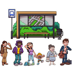 Cartoon People Waiting In Line For Bus