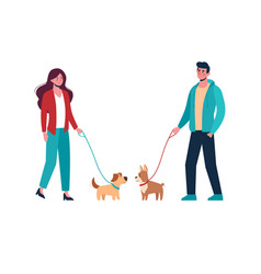 Man And Woman In Casual Clothes Walking The Dogs