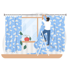 Man Hanging Curtains On Window Standing Ladder