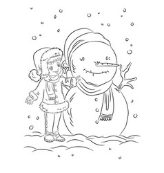 A Girl Playing With Snowman Christmas Coloring