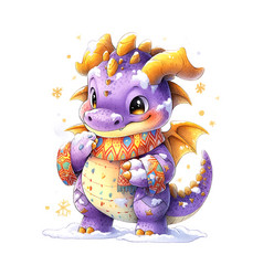 Cute Christmas Purple Dragon In Watercolor Style