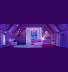 Cartoon Attic Room Interior At Night