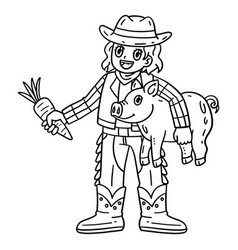 Cowgirl With Piglet And Carrot Isolated Coloring