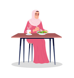 Arab Woman Eating Salad With Hot Tea Semi Flat