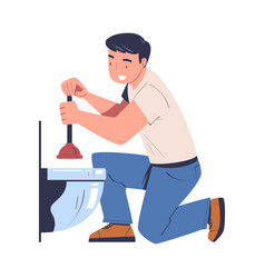 Man Plumber Cleaning Pipe Or Drain With Plunger