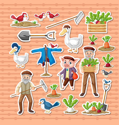 Sticker Pack Of Farm Objects And Old Farmer