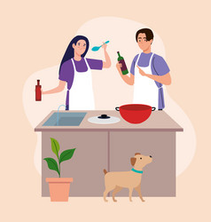 Couple Cooking With Dog