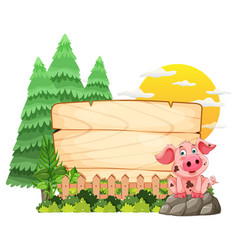 Cartoon Pig Sitting By A Blank Wooden Sign