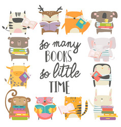 Cute Animals Reading Books On White Background