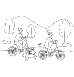 Man And Woman Traveling On Bike In Park With A Dog