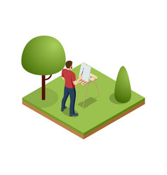 Isometric Man Painting Mountain Landscape Using