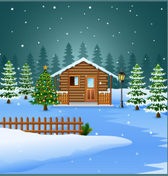 View Of Snowy Wooden House And Christmas Tree Deco