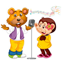 Bear And Monkey Singing With Microphone