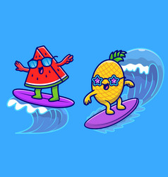 Cute Pineapple And Watermelon Surfing On Beach