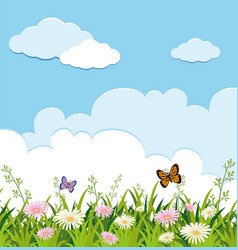 Background scene with butterflies and rainbow Vector Image