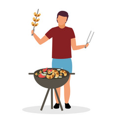 Guy Arranging Backyard Barbecue Semi Flat Color