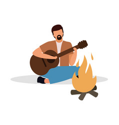 Bearded Man Playing Guitar At Campfire Semi Flat