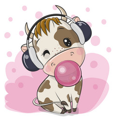 Bull With Headphones And Bubblegum On A Pink