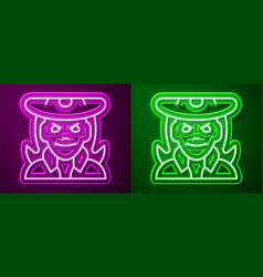 Glowing Neon Line Witch Icon Isolated On Purple