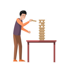 Male Character Playing Jenga Logic Board Game