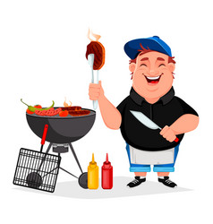 Bbq Young Cheerful Man Cooks Grilled Food