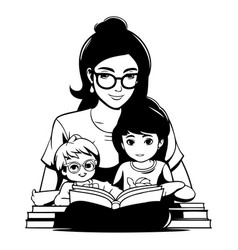 Mother Reading Book With Her Children In Cartoon