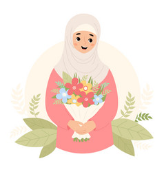 Cute Islamic Woman In Hijab With Bouquet Of