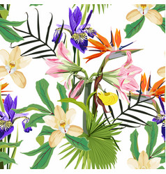 Seamless Pattern With Many Kind Of Flowers Palms