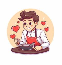 Cute Cartoon Boy In Apron Cooking Food