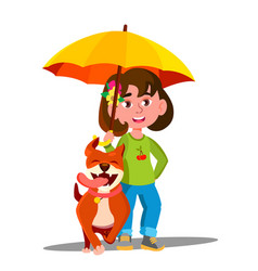 Little Girl Walking A Dog Under Umbrella