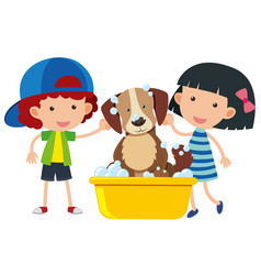 Boy And Girl Giving Dog A Bath