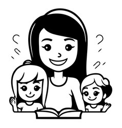 Mother Reading Book With Her Children In Cartoon